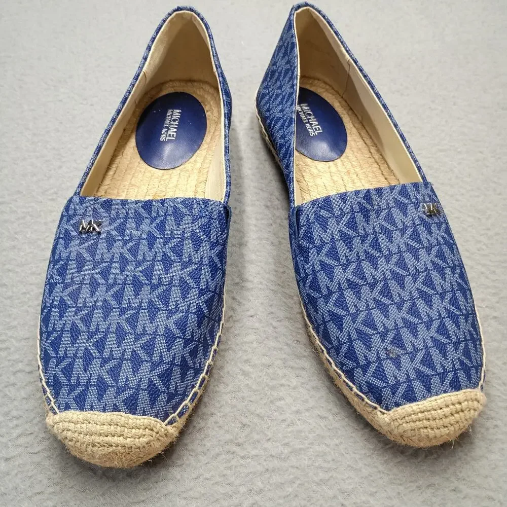 Michael Kors kendrick Espadrille Flats Blue Logo Print Slip jute sole 9.5